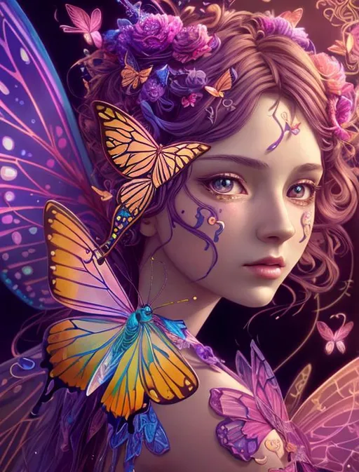 Prompt: professional art colorful 3D illustration, plant abstract patterns, art nouveau patterns, digital art, cgi, hyperdetail, lots of detail, bright lighting, fairy girl with fluttering hair, big expressive eyes, delicate skin, dancing with colorful, beautiful, magic butterflies, pink and gold scale, 4k , high resolution, high definition, darkness
