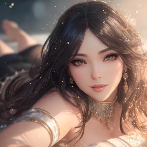 Prompt: splash art, by Greg rutkowski, hyper detailed perfect face,

beautiful kpop idol lying down, full body, long legs, perfect body,

high-resolution cute face, perfect proportions,smiling, intricate hyperdetailed hair, light makeup, sparkling, highly detailed, intricate hyperdetailed shining eyes,  

Elegant, ethereal, graceful,

HDR, UHD, high res, 64k, cinematic lighting, special effects, hd octane render, professional photograph, studio lighting, trending on artstation