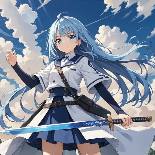 Prompt: a anime character with blue hair and a sword in his hand, with a sky background and clouds in the background, Ay-O, sots art, official art, a character portrait