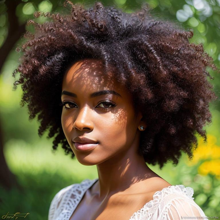 airy, portrait of fierce black woman with afro hairs...