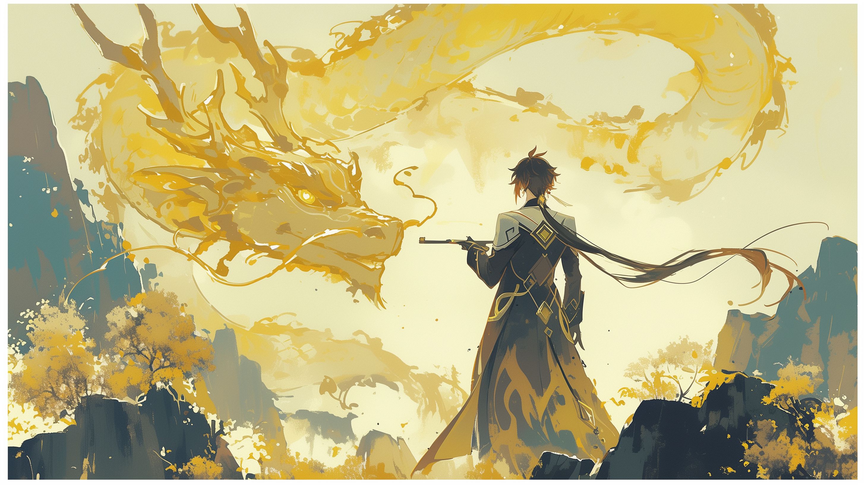 Prompt: Zhongli from Genshin Impact standing infront of stone mountians with a long brown pipe regally in one hand holding it up next to his face, glowing golden eyeshadow, glowing yellow dragon antlers, Japanese Wood Block Print, Vintage, White border around image, simple water colors and brush strokes, mystical --ar 16:9 --niji 6