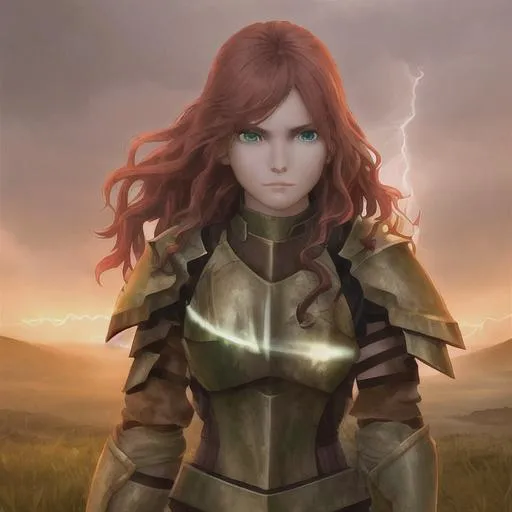 Prompt: A high quality photorealistic warrior woman with a photrealistic face marching at night in a storm with lightning with a glow behind her, has green eyes and red wavy hair and is wearing armor while holding a sword