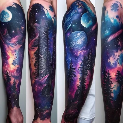 Prompt: space forest themed full sleeve arm tattoos