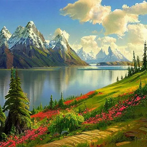 Prompt: Cartoon,  Alaska Landscape in style of Peder Mork Monsted