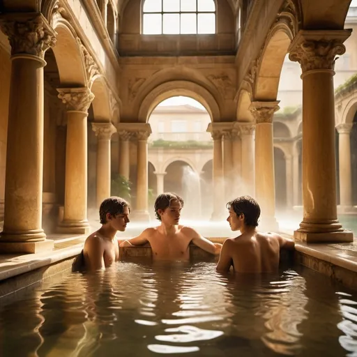 Prompt: (two young Roman bathing), inside ancient Roman baths, rich marble architecture, warm golden tones, steam rising, serene ambiance, water reflections, intricate tile patterns, soft natural light, 1st-century setting, high detail, cinematic quality, historical atmosphere, lush greenery peeking through windows, elegant clothing partially shed, peaceful expression on face. 