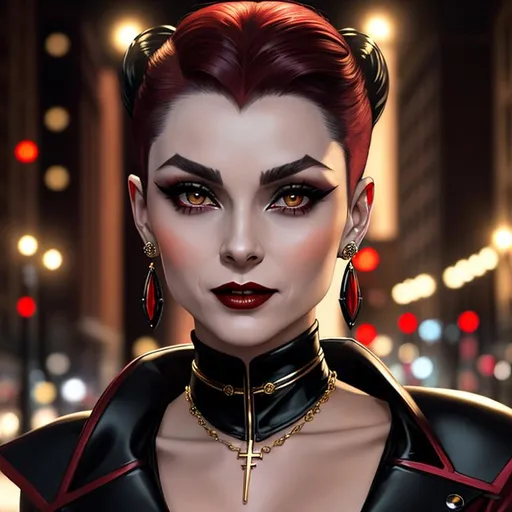 Prompt: Female vampire that looks like a cross between Audrey Hepburn and Harley Quinn, Clan Tremere, beautiful face, she is completely {{bald}}, she has no hair, she is wearing gold and onyx earrings, vampire the masquerade, red makeup, detailed symmetrical face, city at night style background, well lit by street lights, vampire, real, alive, real skin textures,