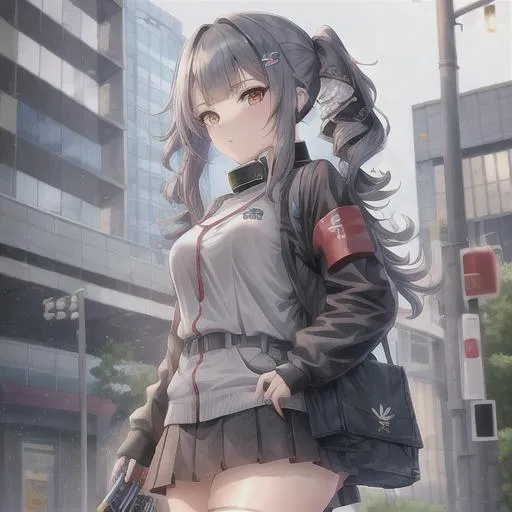 Prompt: cyberpunk influenced, kawaii influenced, azur lane influenced, anime style, good anime shading, anime girl, tall, jelly fish haircut, grey hair, wavy hair, layered hair, bangs, side pieces, long in the back, tomboy, cute hair clips, tech wear bag, anime school uniform, skirt with pockets, MOLLE, military bag, leg strap, knife holder, doc martens, kawaii keychains, black, grey, pink, pastel blue,