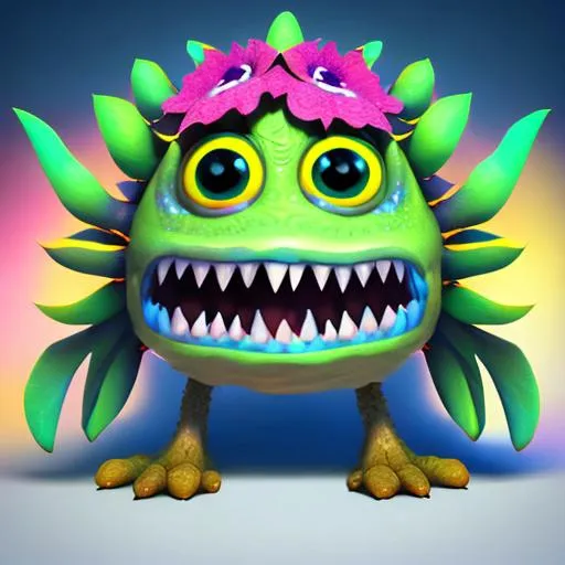 Prompt: cute fantasy flower monster with large eyes full body extremely detailed 3D animation symmetrical centred lots of light colourful octane render with a white background