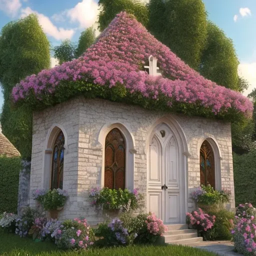 Prompt: (Hyper realistic) (photorealistic) (realistic) A beautiful chapel with French architecture cottage core fairy core 