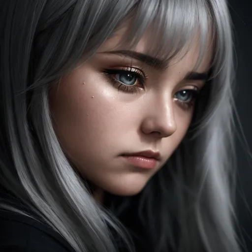 Prompt: A mournful woman in a color scheme of stormy gray, sad eyes, facial closeup