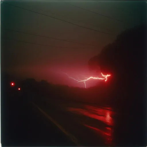 Prompt: Vintage 35 mm, 
, red lightning breaks the night, heavy rain  