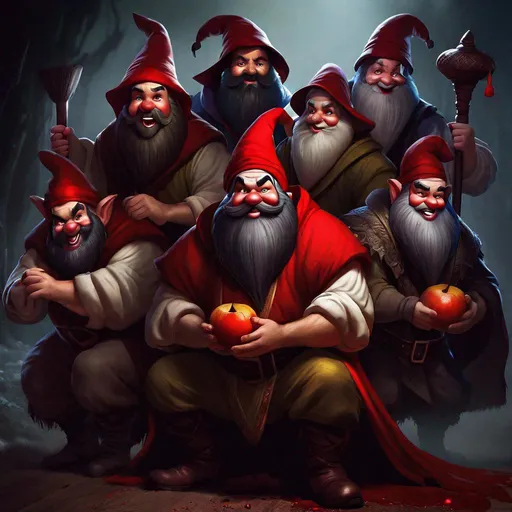 Prompt: portrait of the seven dwarves from snow white as evil creatures, dark magic, terrifying face, different faces, beard, red hat, creepy pose, full body, dramatic lighting, dark and horror, dust and blood, sharp teeth, huge smile, red eyes, dripping blood, intricate, wild, highly detailed, digital painting, artstation, concept art, smooth, sharp focus, illustration, art by artgerm and greg rutkowski and alphonse mucha, footage from space camera