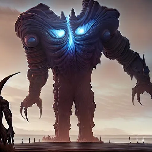 Prompt: a titan creature, powerful and destructive as it towers over continents, kilometres in length and wide in girth. This enormous titan is crafted of the most intense of nightmares