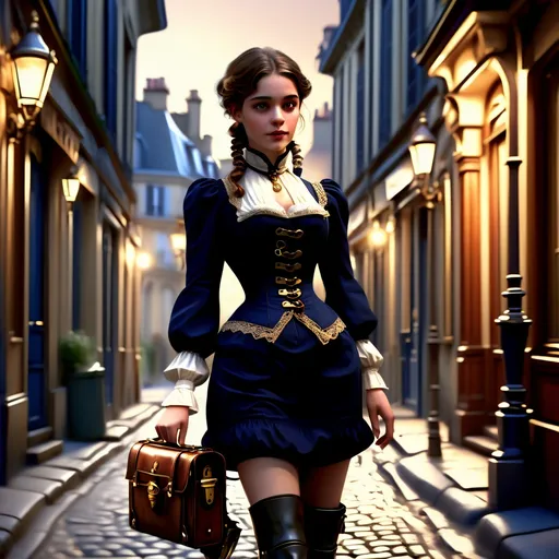 Prompt: "Photorealistic French beauty in practical but elegant Victorian dress with hidden weapon holsters, mechanized locket containing childhood memento, leather boots with brass fittings, philanthropist's satchel with medical supplies, Parisian alleyway at dusk --ar 3:4 --s 1000"
