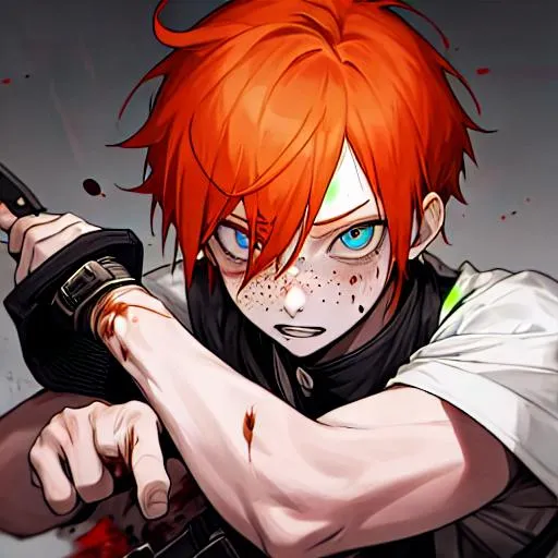 Prompt: Erikku male adult (short ginger hair, freckles, right eye blue left eye purple) UHD, 8K, Highly detailed, insane detail, best quality, high quality, holding a knife up to his face, covered in blood, insane,