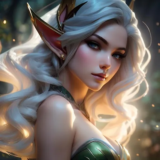 Prompt: upper torso portrait of league of legend's Janna as wind elf, white hair, soft lighting, perfect composition, cinematic, video game trailer, dramatic, detailed painting, 8k, octane render, by makoto shinkai, stanley artgerm lau, wlop, rossdraws, concept art, digital painting, looking into camera,
