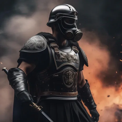 Prompt: A modern roman military male in black military roman armor and shield scutum, and gas mask, background war battle, Hyperrealistic, sharp focus, Professional, UHD, HDR, 8K, Render, electronic, dramatic, vivid, pressure, stress, nervous vibe, loud, tension, traumatic, dark, cataclysmic, violent, fighting, Epic