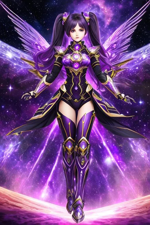 Prompt: Portrait of a woman, fractal art body, purple eyes and hair, metal armor, intricate details, colorful nebula in background ,cosmic castle, explosion of particles, professional composition, rule of thirds, leading lines, (full body:1.1), sharp focused, two-tone_hair, twintails, artificial_wings, mechanical_parts, dynamic_pose, 
