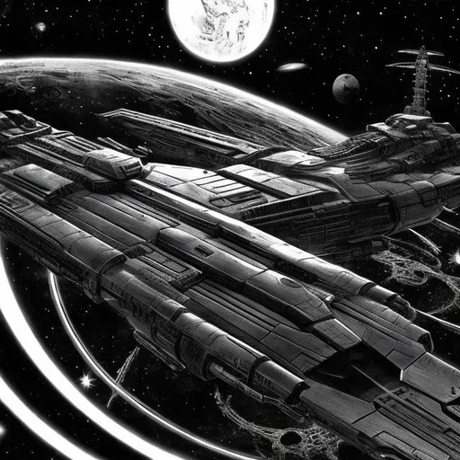 Prompt: Starship armada, dark, black and white, Manga, space, giger