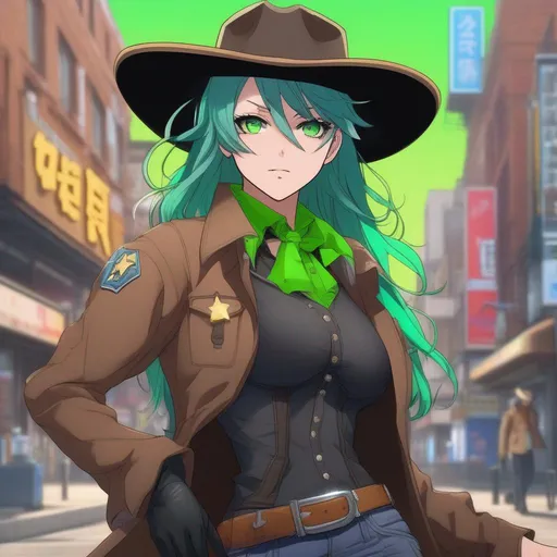 Prompt: She has a long, distinctive neon-green that fades to neon-blue hair in a ponytail, heterochromia eyes, wearing a long brown coat, grey vest, denim pants, black cowboy boots, holding a pistol, wearing a brown sheriff's cowboy hat, 8k, UHD, heavily detailed, anime style
