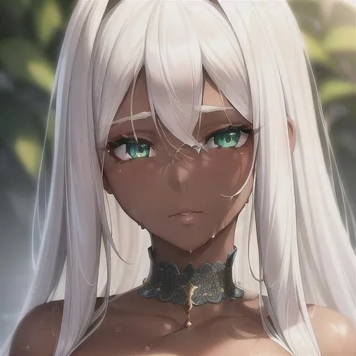 Prompt: Beautiful portrait of girl, perfect body, white hair, green eyes, brown skin, cute, face, wet, highly detailed, hd, 4k, 8k 
