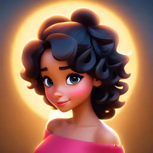 Prompt: Disney, Pixar art style, CGI, girl with  light dark skin, dark eyes, long black curly hair, very pretty, solemn expression