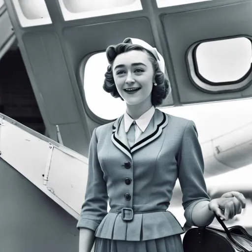 Prompt: Saoirse Ronan as a lovely 1950s era flight attendant serving passengers 