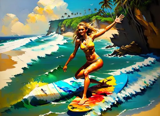 Prompt: Oil Painting
Beach Scene surfing
5 happy Girls Surfing waves in bikinis
sexy vibes, cute girls, puppys
palm trees and uluwatu cliffs 
