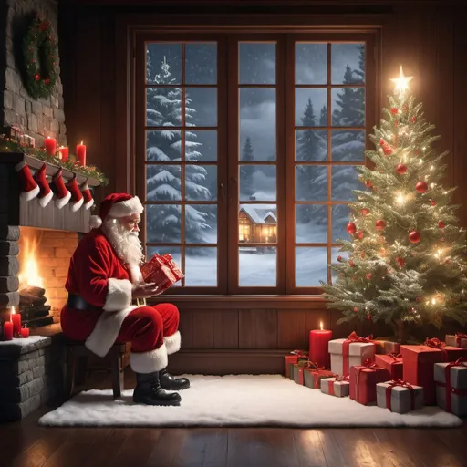 Prompt: Santa Clause putting presents under the Christmas tree, a window with snow covered trees and snow falling outside, a fireplace with red candles and stocking hanging on the mantel, photorealistic and dramatic lighting.