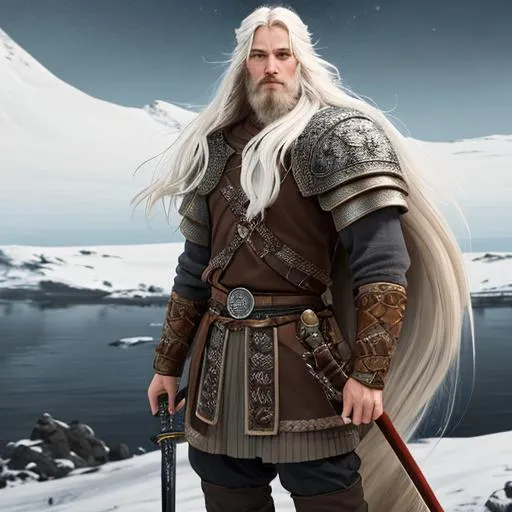 Prompt: full-body oil painting of a beautiful viking, with long white hair, wears hide clothing, sword in hand, stands upon a tundra, UHD, hd, 8k, Very detailed, style of Antoni Tudisco, Beeple, Jinhwa Jang, panned out view of character, zoomed out view of whole character's body is visible, character is centered, whole character in view, whole character is seen