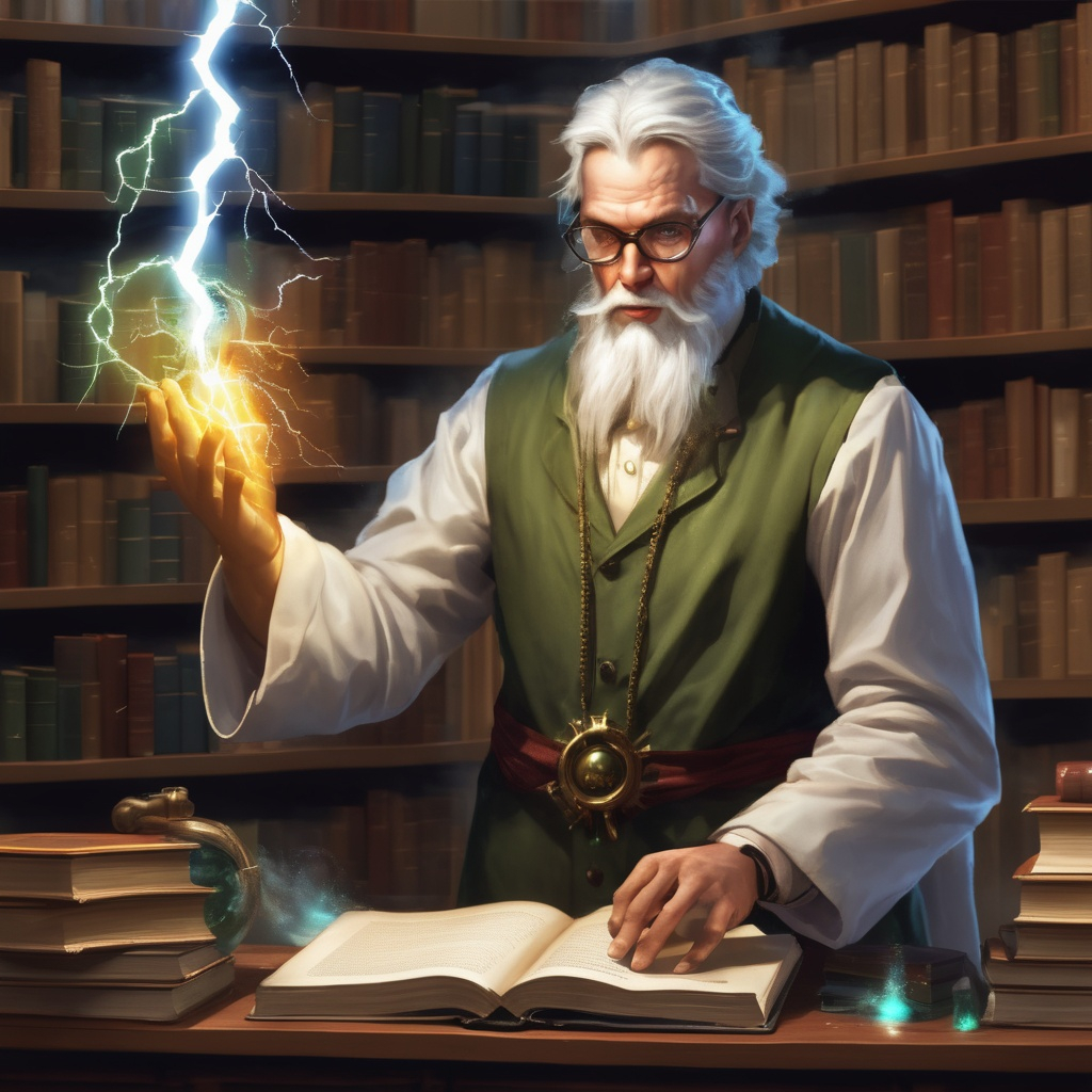 scientist arcane spell sage lightning books library | OpenArt