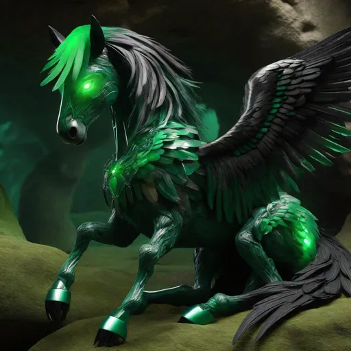 Prompt:  twisted pegasus animatronic hybrid, with focused emerald eyes. They identify as a Male. Emerald colored feathery wings and tail. dark Green ombre mane and tail. UHD, HD, 4K, green haze, green and black coat, lying down in a cave, asleep, resting, highly detailed