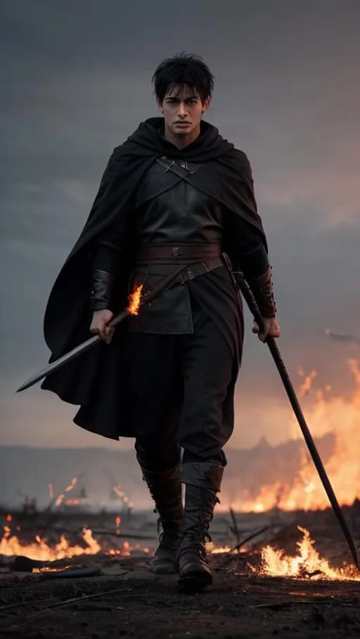 Prompt: A battered and raged Caucasian male with short black hair, a black cloak, baggy pants and a purple spear in hand. He is leaning on his spear in the middle of a burning villiage as ash and glowing orange sparks fall gently from the grey sky. behance HD