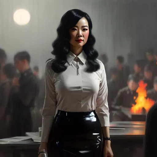 Prompt: A mature teacher in a latex rubber pencil skirt and a latex leather rubber blouse is standing in front off the class i detailed dark cinematic painting, hole figure in the format, ASA of 800, ISO 200, in the style of Pino Daeni, by Sven Sauer, jj fu, Dan Mumford, greg rutkowski, charlie bowater, masterpiece, etched outlines, best quality, highly detailed, intricate, beautiful detailed intricate, epic sharp focus, by rutkowski character face, painting concept art of detailed character design