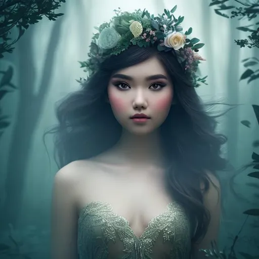 Prompt: a beautiful girl in A mysterious forest shrouded in mist, revealing glimpses of mythical creatures and hidden messages