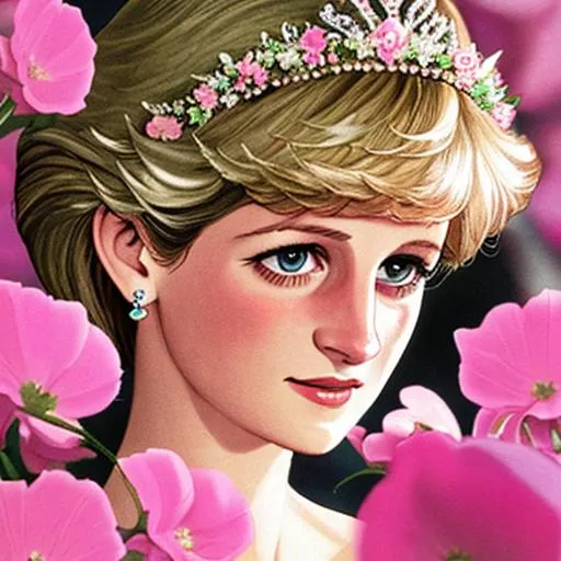 Prompt: Princess Diana as a fairy goddess, pink flowers,closeup