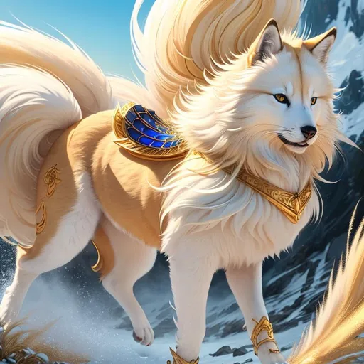 Prompt: (16k, 3D, ultra high definition, full body focus, very detailed, masterpiece, detailed painting, ultra detailed background, UHD character, UHD background) character design portrait of a beautiful medium-sized female ((quadruped)) with wind powers, golden-white fur and golden hairs, vivid crystal-blue eyes, big expressive 8k eyes, long blue diamond ears with royal blue and magenta interior, (sapphire sparkling rain), cute fangs, majestic like a wolf, playful like a fox, energetic like a deer, calm and inviting smile, ears of blue point siamese cat,  golden retriever face, fur speckled with sapphire crystals, fluffy mane, insanely detailed fur, insanely detailed eyes, insanely detailed face, standing in fantasy garden, atmosphere filled with (sparkling rain) and (flower petals), golden retriever face, pink and cyan flowers, cherry blossoms, mountains, auroras, pink twilight sky, Sylveon, Yuino Chiri, vivid colors
