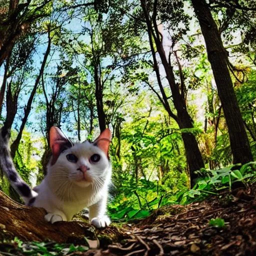 Prompt: A cat girl in a forest, perfect viewpoint, highly detailed, wide-angle lens, hyper realistic, polarizing filter, natural lighting, vivid colors, everything in sharp focus, HDR, UHD, 64K, Eyes in sky