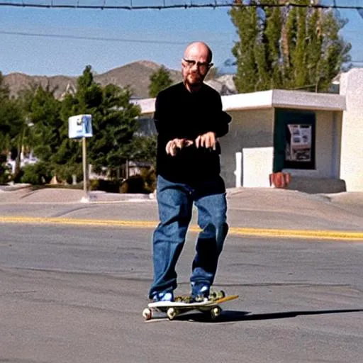 Prompt: Walter White skateboarding in an Albuquerque ditch
