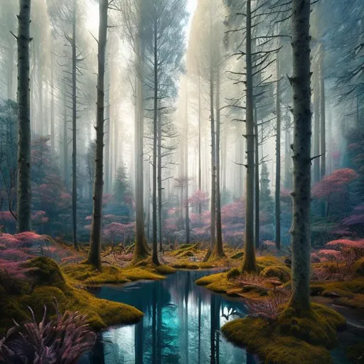 Prompt: A real photographic magic forest painting with incomparable reality, highly detailed, sharp, vivid colors, realistic, perfect composition, masterpiece,  8k, by Mike Winkelmann