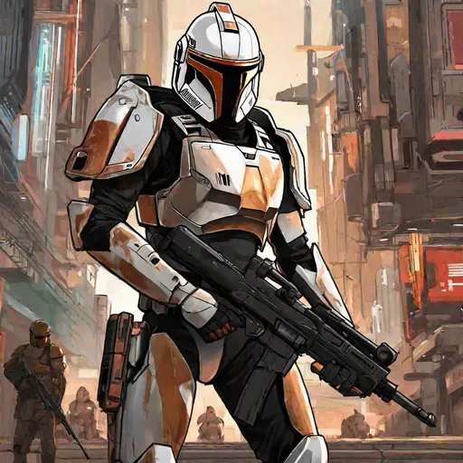 Prompt: Whole body. Full figure. Star wars sith empire black armor trooper. mandalorian helmet. Stormtrooper amor. In background a scifi ruined city. Rpg art. Star wars art. 2d art. 2d. Well draw face. Detailed. 
