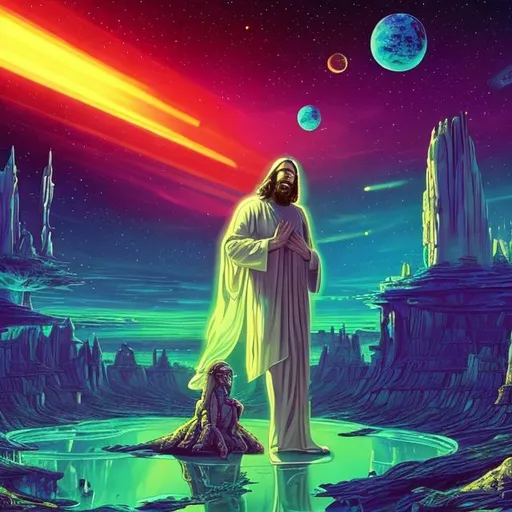 Prompt: widescreen, photo, painting, longshot, wide view, infinity vanishing point, overhead lighting, jesus with his alien jesus brother smoking a clear crystal bong at the bar, in an exotic space cantina, vibrant galaxy landscape background, surprise me