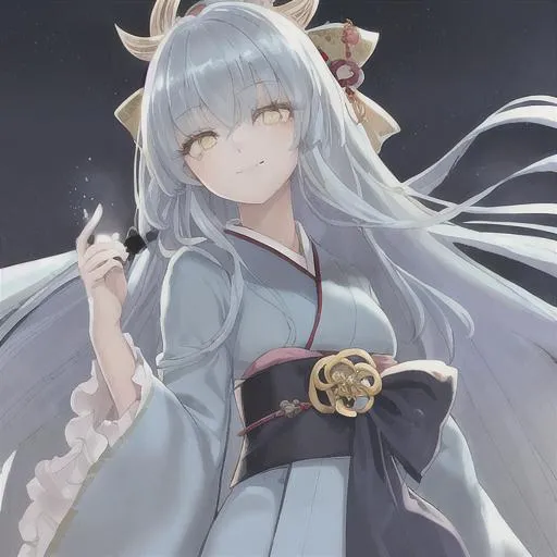 Prompt: Beautiful girl with long light blue hair. She has light yellow eyes and is smiling cutely. Wearing a dark blue kimono. At night. Her eyes glow. 