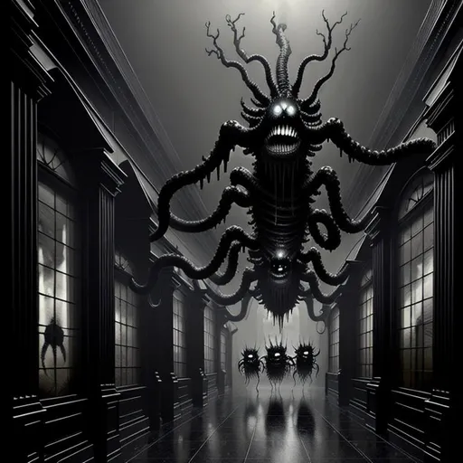 Prompt: black smoke-like creatures with multiple arms wandering in a dark corridor, intricate scene, ultra fine details, dreadful, dark, victorian, concept art trending on artstation