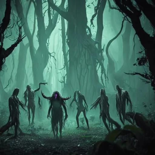 Prompt: demonic entity possesses a group of people in a forest in the night