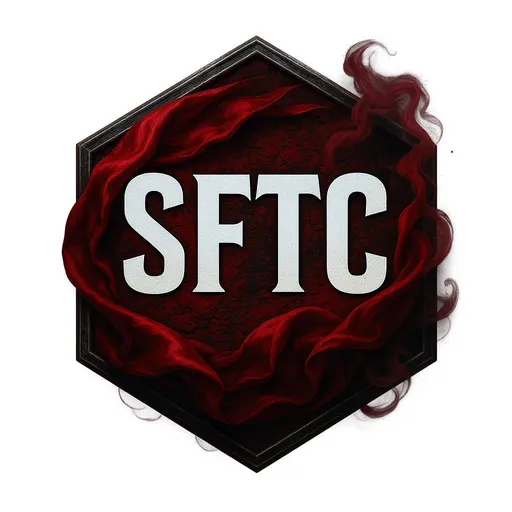 Prompt: A striking hexagonal logo features bold, white letters spelling "SFTC" at its center, set against a dramatic background of deep reds and a textured surface resembling stone. The prominence of the letters is complemented by the flowing, luxurious appearance of a red silk fabric draped within the hexagon, adding a sense of elegance and tension. Wisps of smoke swirl artistically around the lower part of the design, lending a mysterious aura, while the contrast of colors emphasizes both the vibrancy and intensity of the overall composition. This design effectively communicates a sense of energy and sophistication, inviting viewers to delve deeper into its narrative.
