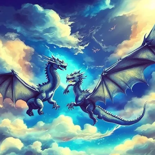 Prompt: Dragons flying in the sky creating a beautiful sky 