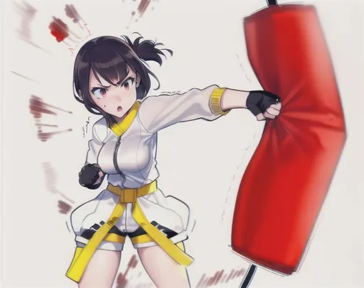 Prompt: punching bag punching, high quality, punching bag,Best quality, tall girl, (punching bag:1.2), master piece, leggings , muscle, blood, punching bag, latex ,ultra detailed, realistic, 4k, fight punching, open finger gloves ,anime style,punching fighting, beauty girl, pretty ,detailed face, punching bag smash 