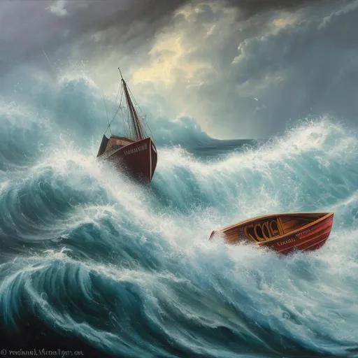 Prompt: oil painting of a small boat in the ocean getting destroyed by a big wave in a storm