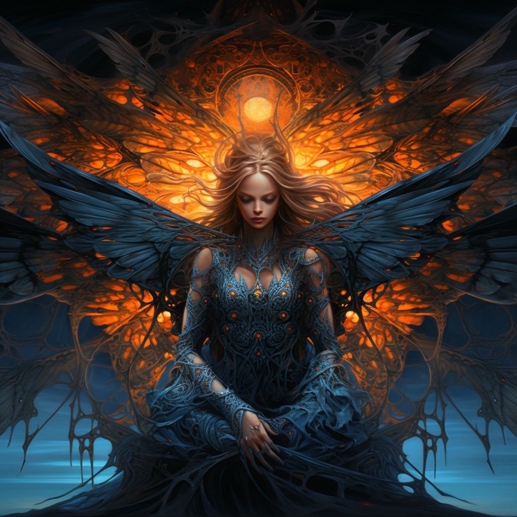 Prompt: an angel with wings sitting on fire, in the style of dark cyan and orange, highly detailed illustrations, dimensional multilayering, mysterious beauty, polished metamorphosis, intricate costumes, luminous sfumato